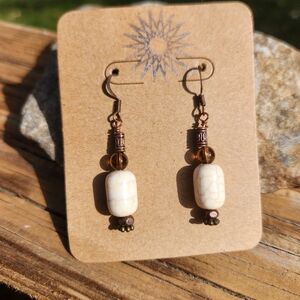 Cream Howlite and whisky clear beaded earring with bronze accent beads
